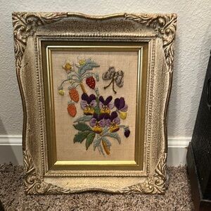 Vintage needle point  Floral Art in wood Frame signed 1968 (14 x 11)